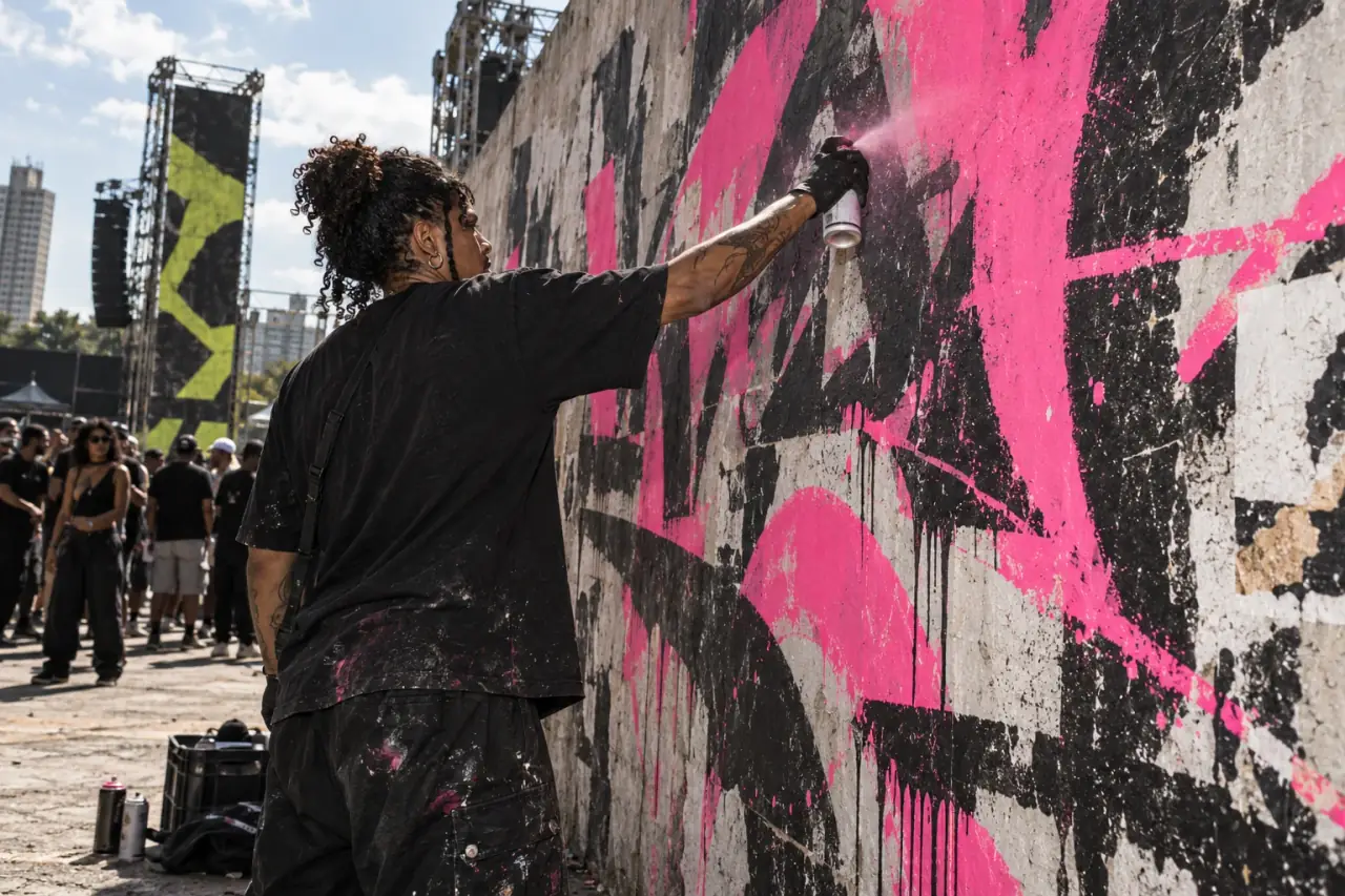 Artista pintando grafite ao vivo no muro do festival